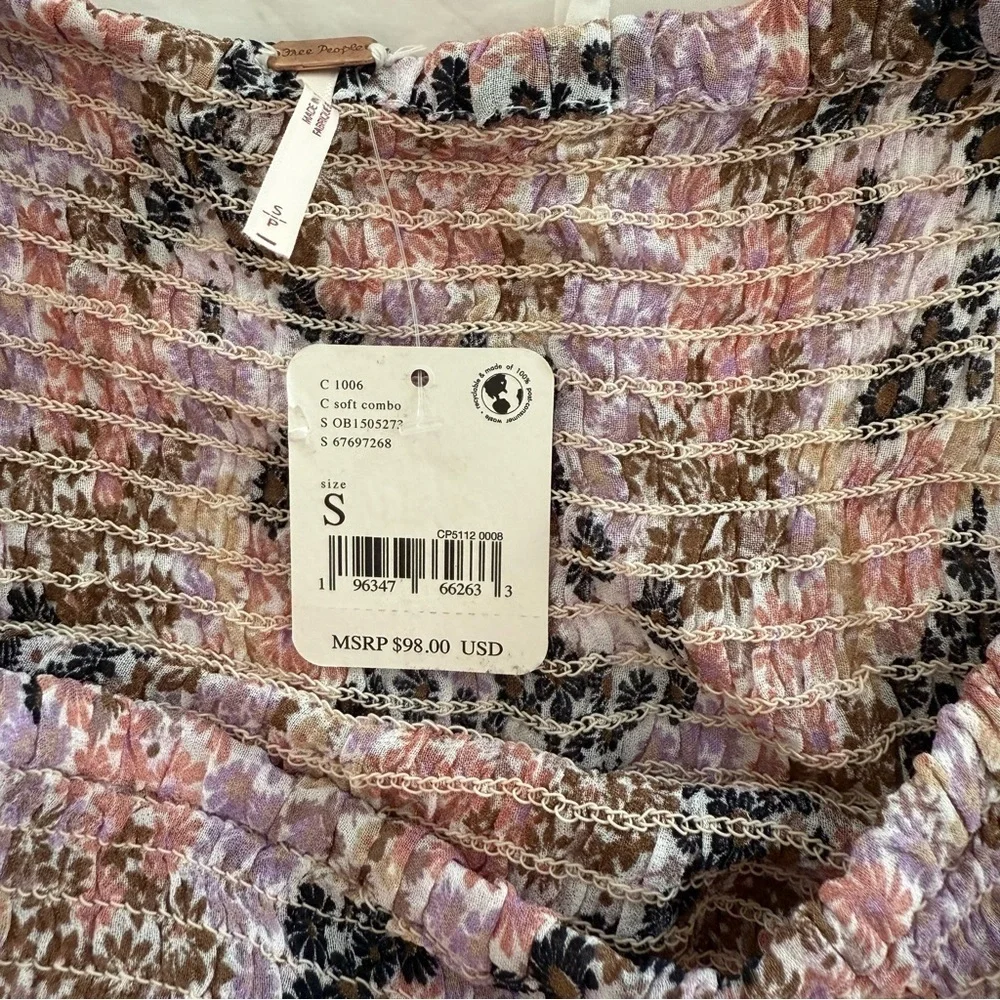 Free People Floral Smocked Puff Sleeve Top NWT